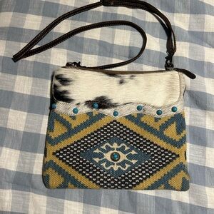 Myra Bag Blue and Tan Geometric Shoulder Bag